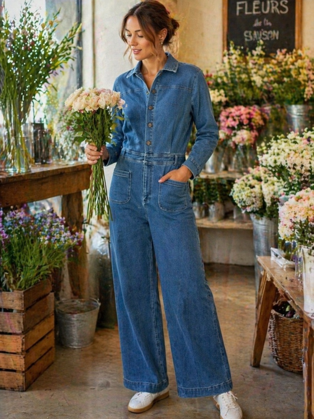 ICHI Denim Jumpsuit Blue Size 36 Wide Leg Button Front Utility Chic Casual